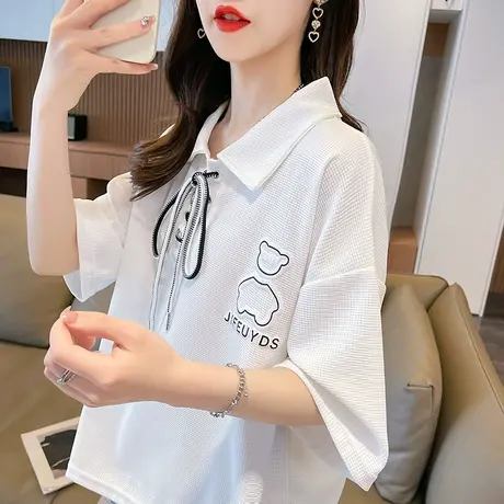 小众设计感短袖t恤女2023新款夏季韩版宽松polo领小个子绑带上衣图片