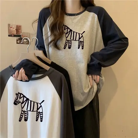 德绒打底衫女内搭外穿宽松长袖T恤秋冬拼接撞色插肩袖加厚上衣服商品大图