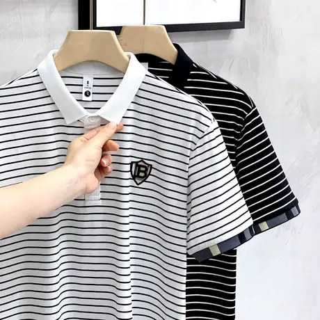 商务polo衫男短袖条纹刺绣男装翻领上衣服男士高端t恤夏季潮牌ins图片