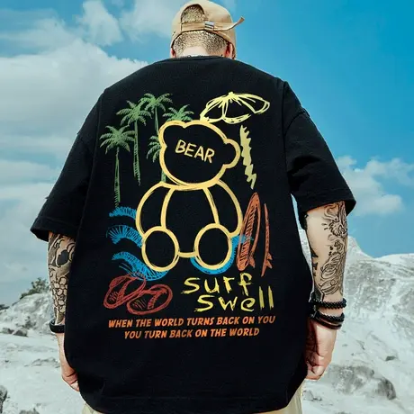 2024年新款ins小熊半袖体恤网红宽松加肥加大情侣短袖t恤大码男装图片