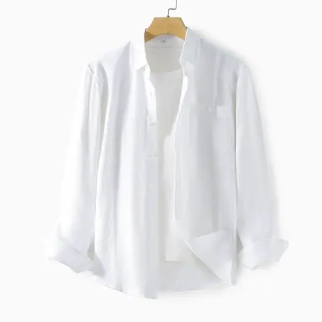 亚麻衬衫男长袖休闲2022年春季青年男士白色棉麻衬衣宽松麻料上衣商品大图