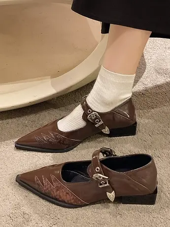 法式一字带尖头浅口单鞋女2023欧美时尚街头风潮酷拼接低跟鞋潮商品大图