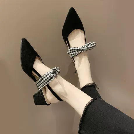 包头凉鞋女夏2024新款仙女风尖头百搭小清新蝴蝶结罗马粗跟高跟鞋商品大图