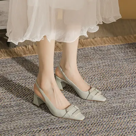 一字带凉鞋女2024年新款夏季粗跟水钻仙女风高跟鞋法式包头职业鞋商品大图