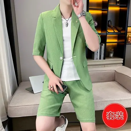 夏季薄款中袖西服一套装男士五分袖休闲小西装痞帅潮流高级感外套商品大图
