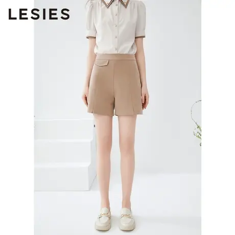 LESIES蓝色倾情夏季新款女装时尚休闲百搭前叉设计修身直筒短裤子商品大图