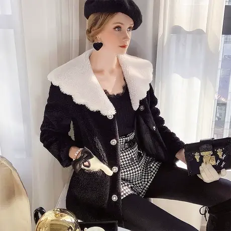 【直播】粉红大布娃娃气质减龄花边领拼色皮草外套商品大图