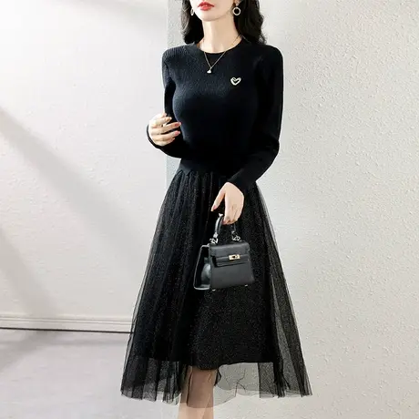 伊自尚2024新款针织连衣裙显瘦大码女装微胖mm减龄高级感黑色裙子图片