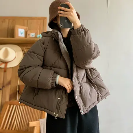 dza 复古加厚净色连帽棉服上衣女冬季新款宽松短款棉衣休闲棉袄女商品大图