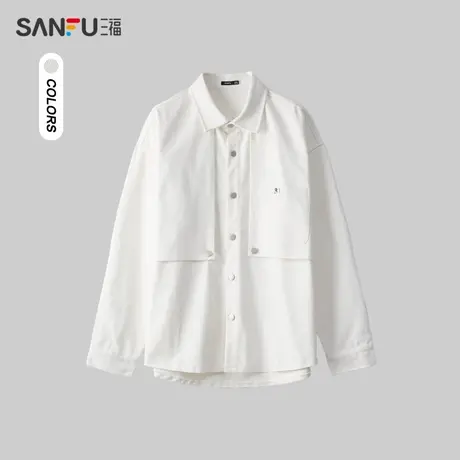 三福2024春季男士假两件长衬衫 休闲简约翻领通勤上衣男481100图片