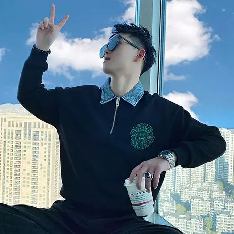 春秋季撞色翻领卫衣ins潮牌重磅长袖t恤2022新款半拉链外套POLO衫商品大图