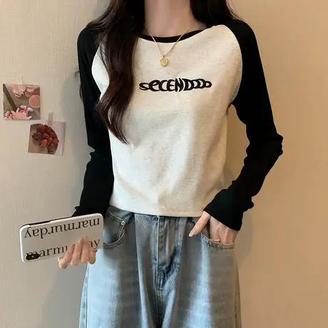 短款长袖t恤女春季新款美式复古时尚百搭插肩袖正肩辣妹打底上衣商品大图