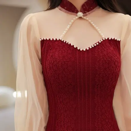 旗袍敬酒服新娘2023新款结婚回门便装订婚礼服连衣裙平时可穿长袖图片