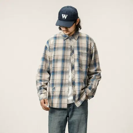 休闲男长袖衬衫百搭色织条时尚衬衫纯棉春秋翻领破洞衬衫休闲男装图片