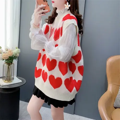 温柔风烫钻爱心针织马甲背心女春季2024新款宽松无袖毛衣坎肩马夹商品大图