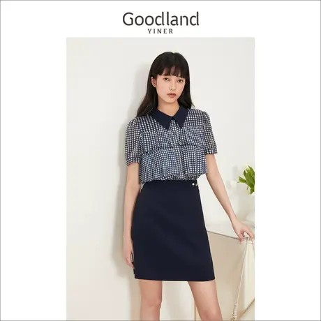Goodland美地女装夏季设计感拼接polo裙千鸟格衬衫修身连衣裙女图片