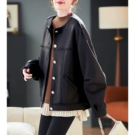 宝诗黎圆领宽松短款黑色外套女2024春季新款百搭休闲夹克上衣潮商品大图