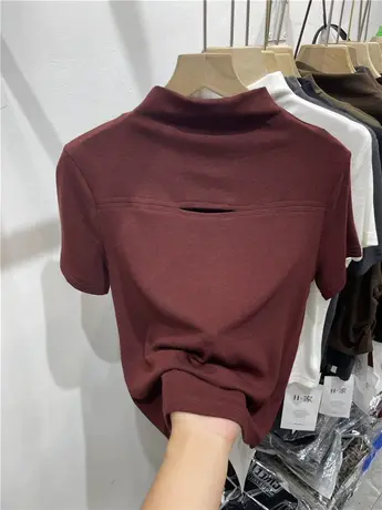 设计感半高领镂空短袖T恤女2024春新款洋气百搭弹力打底衫上衣ins图片