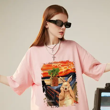 欧美潮流夏季宽松国潮油画兔子短袖T恤男大码ins潮牌胖子半袖男款商品大图