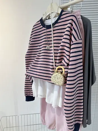 经典条纹基础款撞色圆领卫衣女春秋薄款新款宽松慵懒风外套上衣潮商品大图