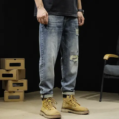 破洞牛仔裤男2024新款春季锥形直筒弹力裤子宽松大码春秋男士潮牌商品大图