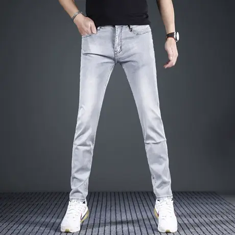 美式潮牌牛仔裤男款修身小脚2024新款浅灰色夏季薄款休闲男士裤子商品大图