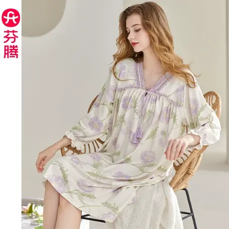 芬腾纯棉睡裙女春秋季七分袖连衣中裙甜美少女全棉宽松家居服睡衣图片