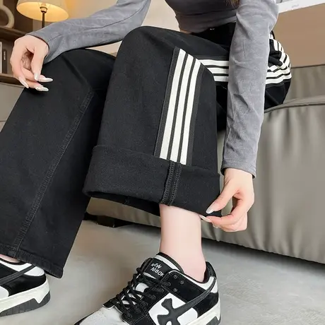 条纹阔腿裤女垂坠感2024早春新款黑色高腰显瘦宽松窄版休闲直筒裤图片