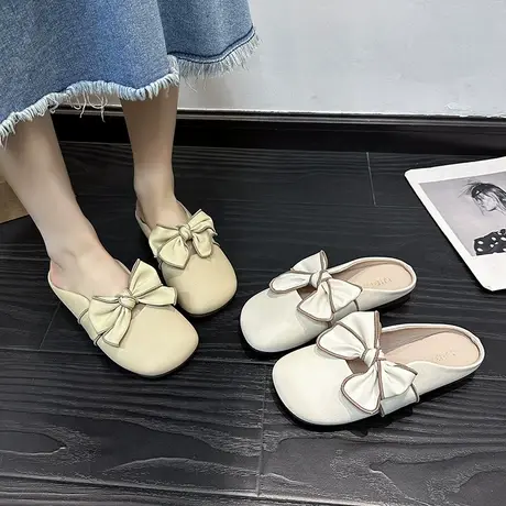 包头半拖鞋女外穿2024春秋季新款蝴蝶结女鞋子休闲平底百搭勃肯鞋商品大图