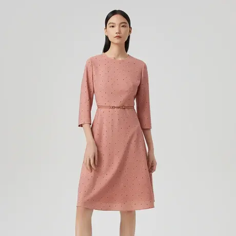 LANCY/朗姿春季新款绵羊毛连衣裙女收腰显瘦印花通勤中长裙子商品大图