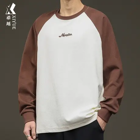 希越异色拼接长袖T恤男2024春季新款宽松大码男士插肩袖体恤上衣商品大图