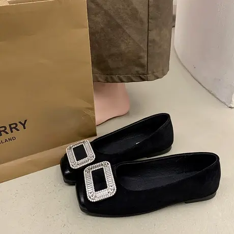 平底方头绒面奶奶单鞋女鞋子2024春季新款法式水钻扣气质豆豆瓢鞋商品大图