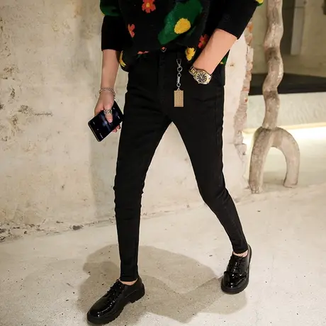 纯黑色春款牛仔裤男2021韩潮修身男士休闲裤男裤挂坠百搭小脚裤商品大图