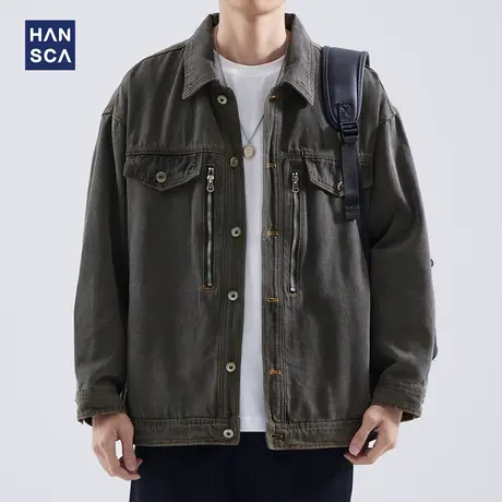 hansca水洗做旧牛仔外套男秋季美式复古微落肩对称拉链设计感夹克商品大图
