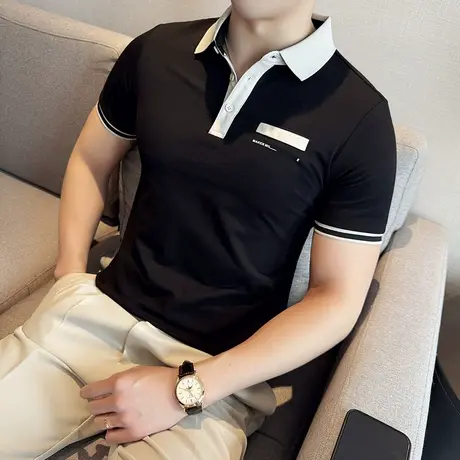 夏季短袖POLO衫男潮牌韩版男装t恤潮流撞色翻领修身半袖体恤上衣商品大图