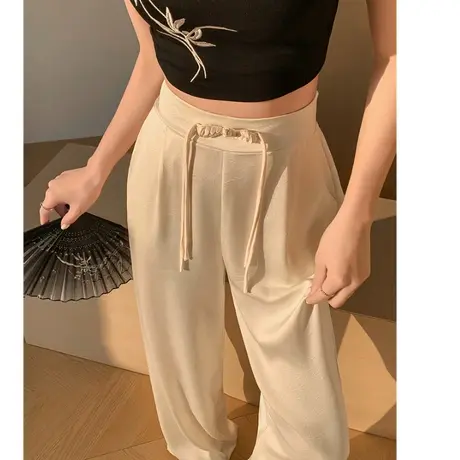 新中式国风缎面提花阔腿裤女2024春夏高腰显瘦直筒拖地休闲裤商品大图