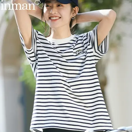 茵曼女装官方旗舰店蓝白条纹t恤女2024夏季新款纯棉短袖海魂衫商品大图