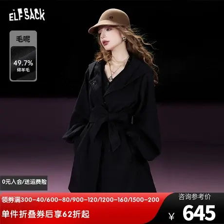 妖精的口袋黑色长款毛呢外套女2023冬季新款小个子宽松气质呢大衣图片