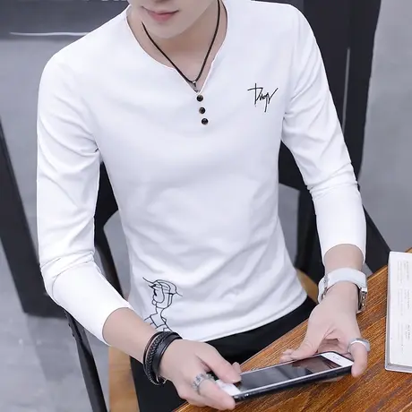 2023秋季新款男士长袖t恤男V领薄款青年秋衣韩版潮流纯棉打底衫男图片