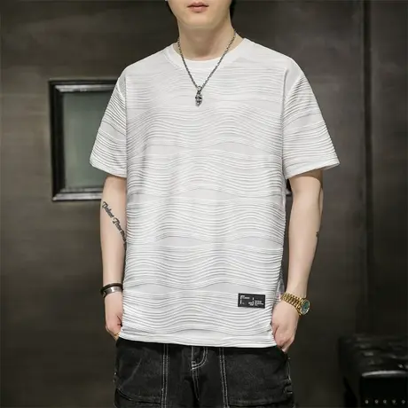 冰丝短袖t恤男夏季薄款宽松褶皱肌理感上衣男士潮牌休闲半袖体恤商品大图