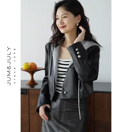 嘉茱莉2023秋季新款拼接连帽皮衣外套女小个子短款宽松皮夹克上衣商品大图