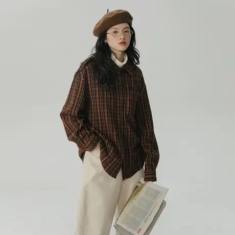 omont蛋挞家 格子衬衫女秋冬新款复古设计感宽松长袖内搭衬衣上衣图片