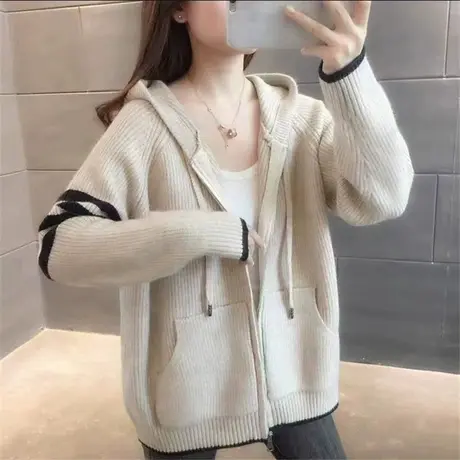 连帽针织开衫女2023秋冬新款韩版慵懒风宽松休闲短款长袖毛衣外套商品大图