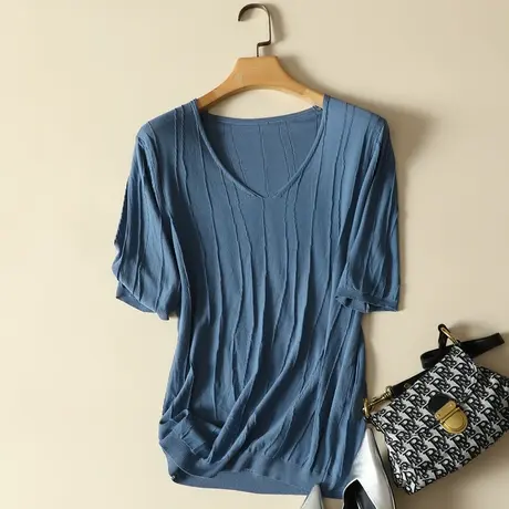 清仓！短袖冰丝针织衫t恤女夏季2022新款V领宽松显瘦白色打底衫图片