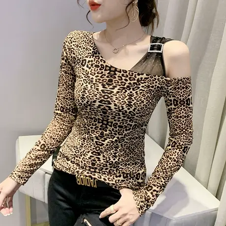 2023春秋新款性感豹纹T恤女长袖小心机露肩上衣紧身内搭打底衫潮商品大图