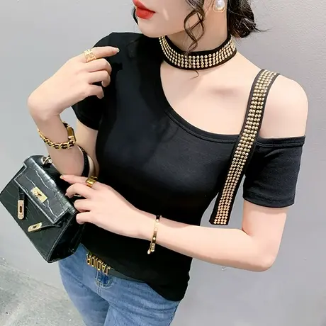 欧货露肩短袖女2023夏季新款心机漏锁骨T恤重工铆钉洋气上衣小衫图片