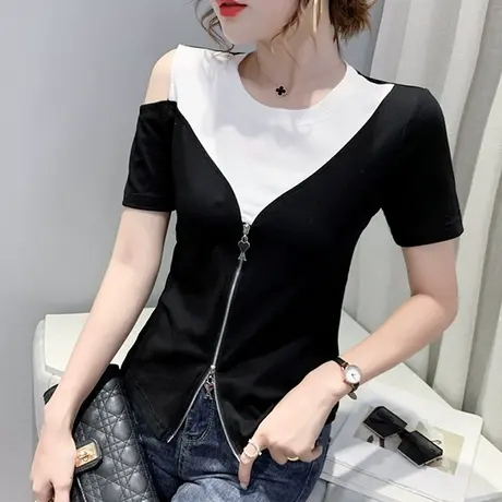 拉链撞色上衣女短袖2023夏季新款性感露肩T恤不规则设计感小衫潮商品大图