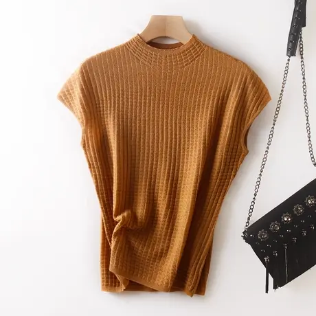 半高领华夫格羊毛针织衫短袖上衣女设计感纯色简约薄款套头气质女商品大图