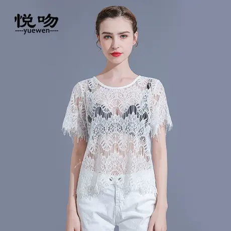 蕾丝透视性感内搭打底衫女短袖夏季薄款罩衫设计感女小众别致上衣商品大图