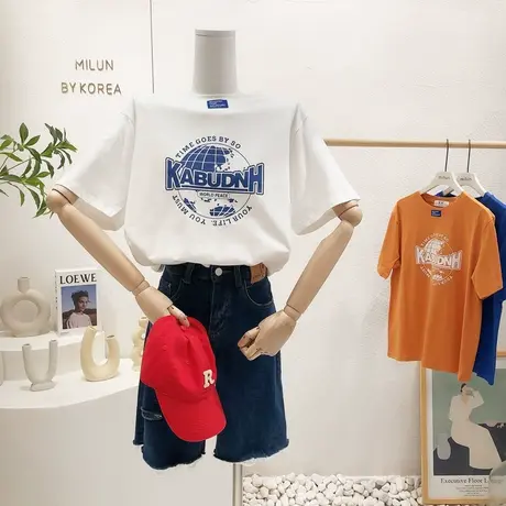 ins复古原宿风地球短袖上衣韩国东大门夏季新款小众设计感蓝色T恤商品大图